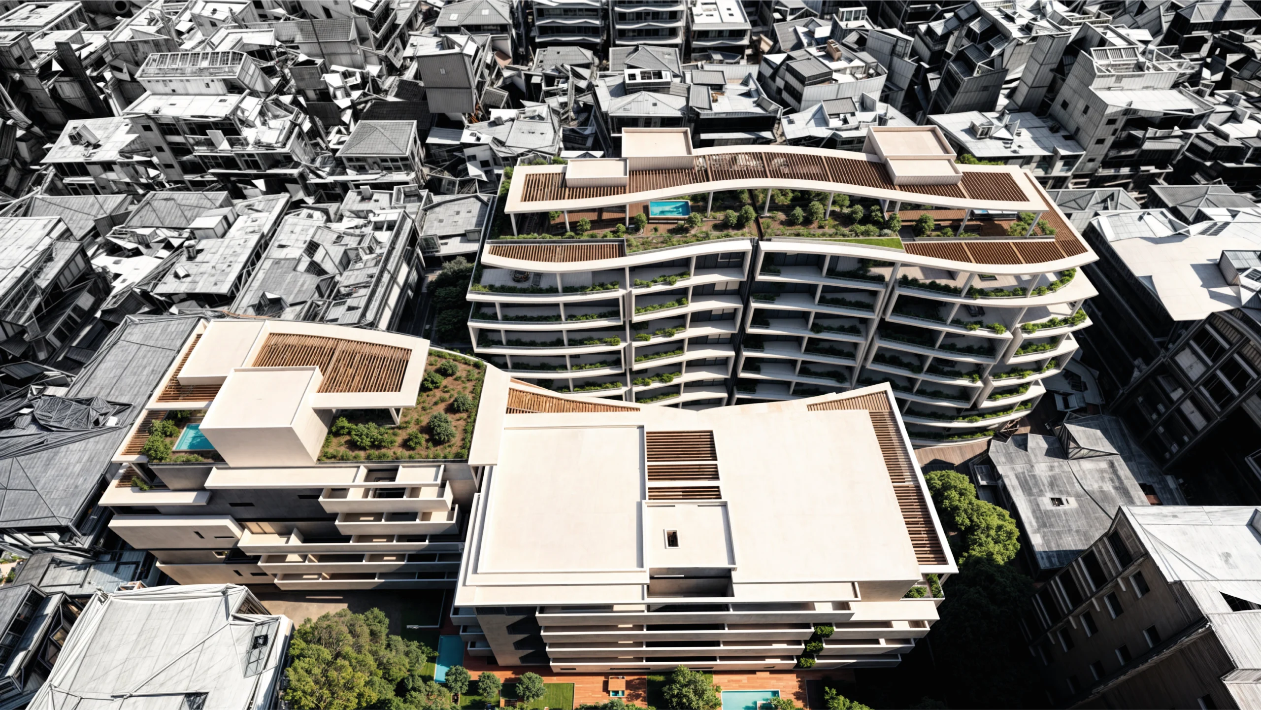 Aerial view of Platonos Gardens in Chania with its two buildings, Platonos and Gardens
