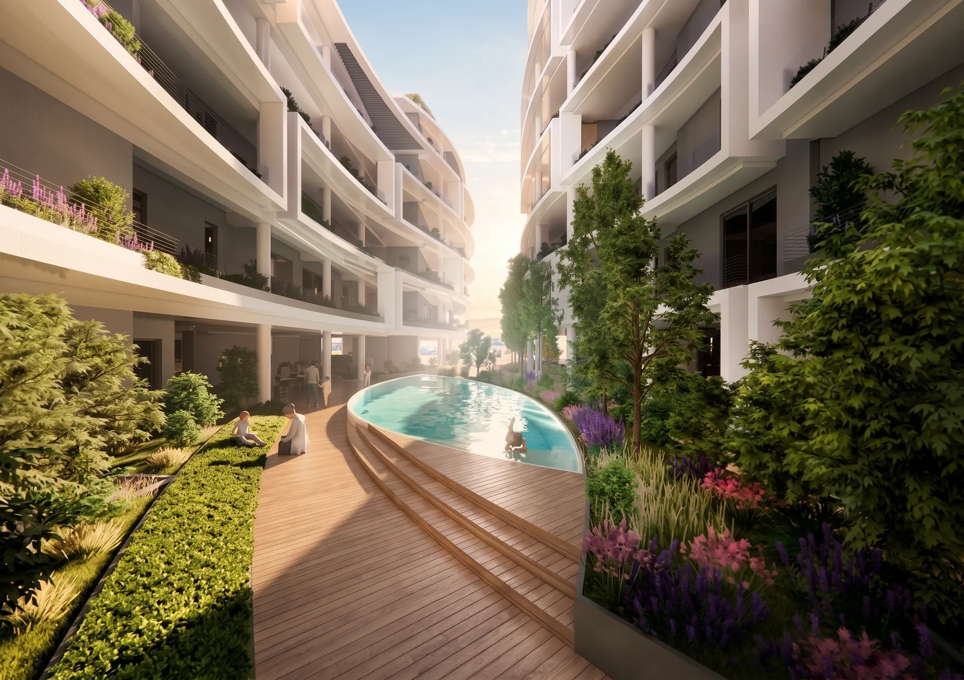 Green inner courtyard of Platonos Gardens with lush planting, timber walkway and pool