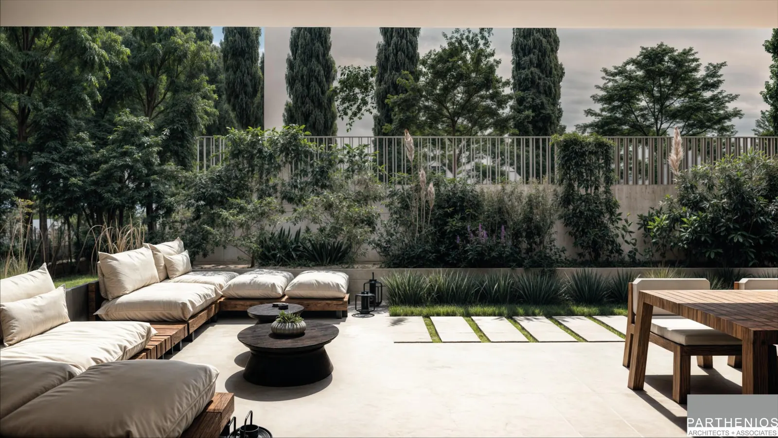 Private garden terrace with outdoor lounge sofa, timber dining table and mature planting