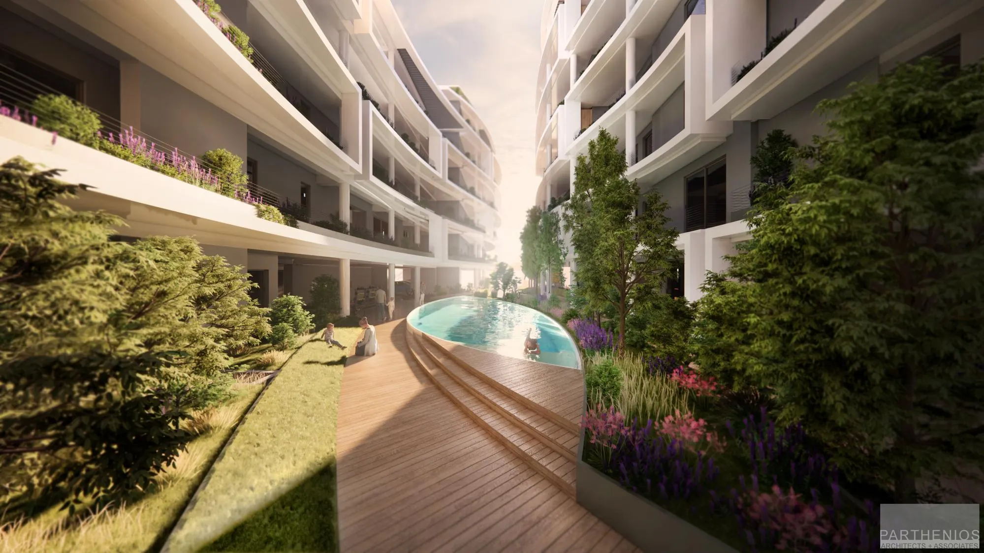 Landscaped garden courtyard with a curved pool and timber deck between the residences of Platonos Gardens in Chania