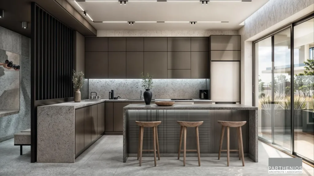 Contemporary kitchen with dark cabinetry, stone island and bar stools opening onto the terrace
