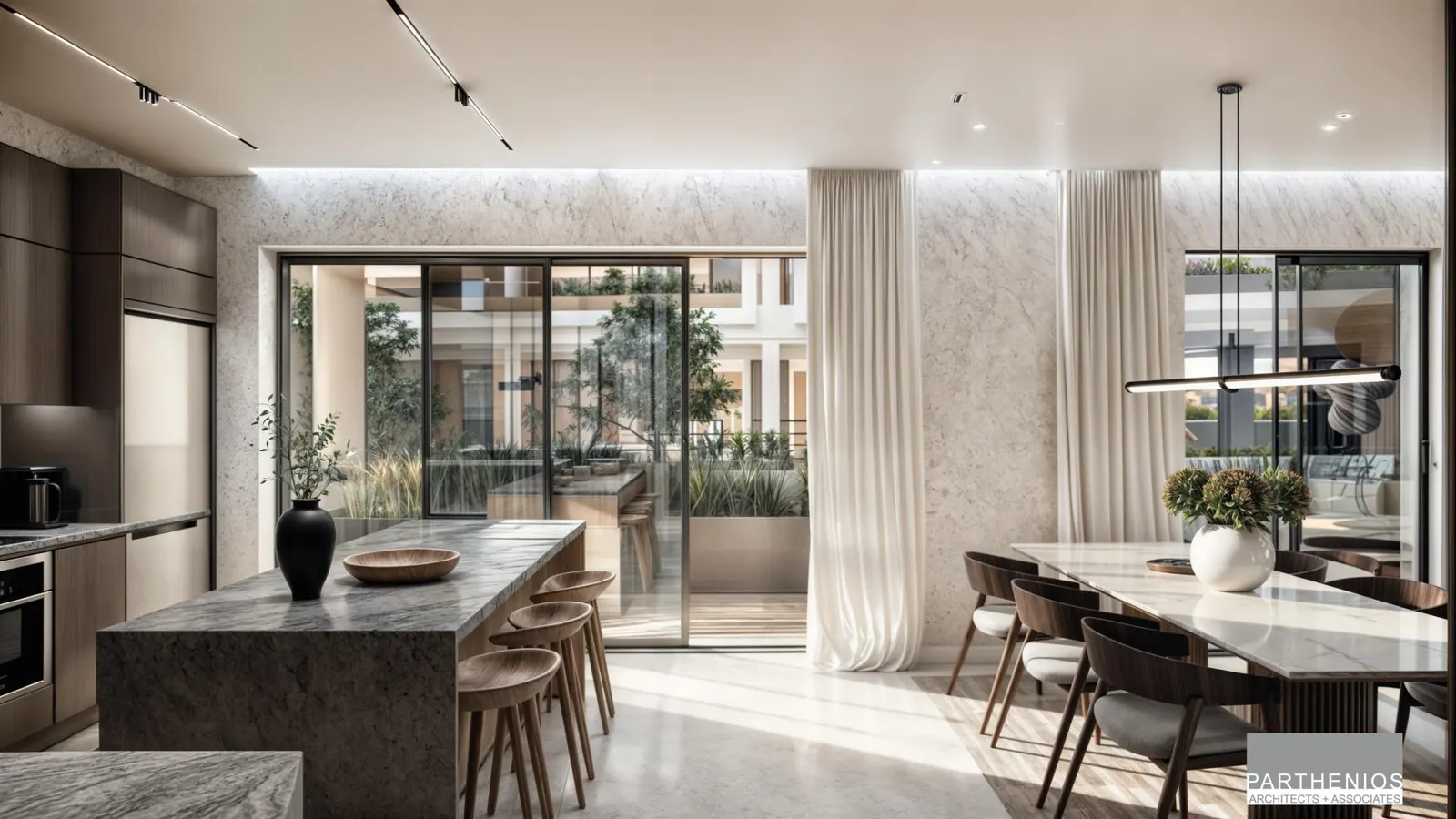 Open-plan living and dining area with marble kitchen island, timber dining table and floor-to-ceiling glazing