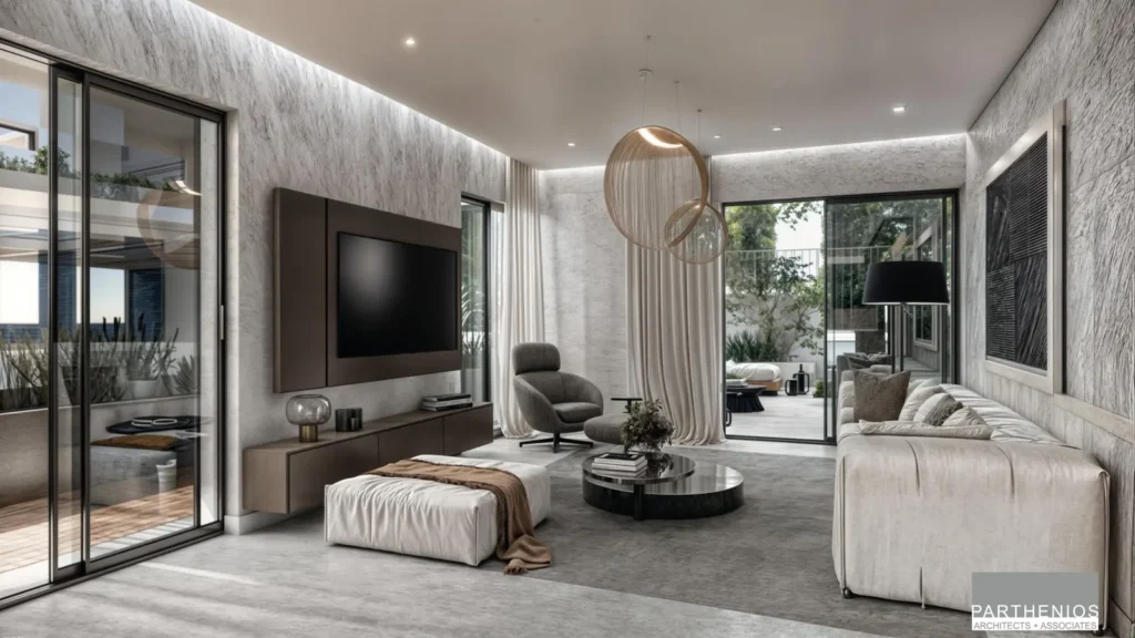 Bright living room with curved sofa, round coffee tables and large sliding doors to the garden
