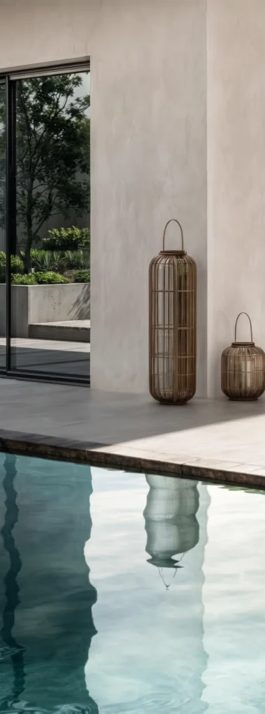 Pool water reflecting the stone terrace and lanterns at Platonos Gardens