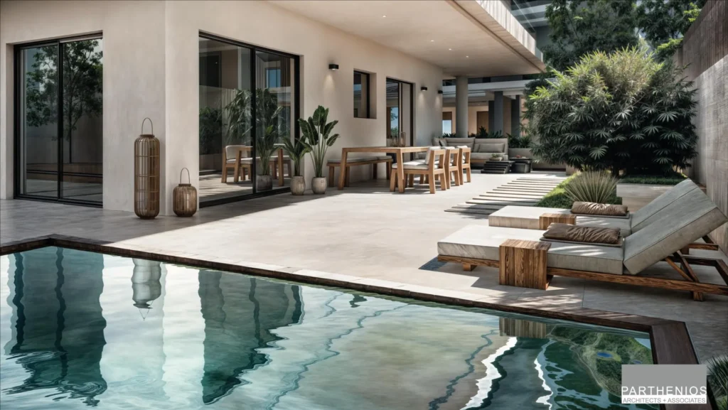 Private pool and covered terrace with sun loungers and outdoor dining at a ground floor residence